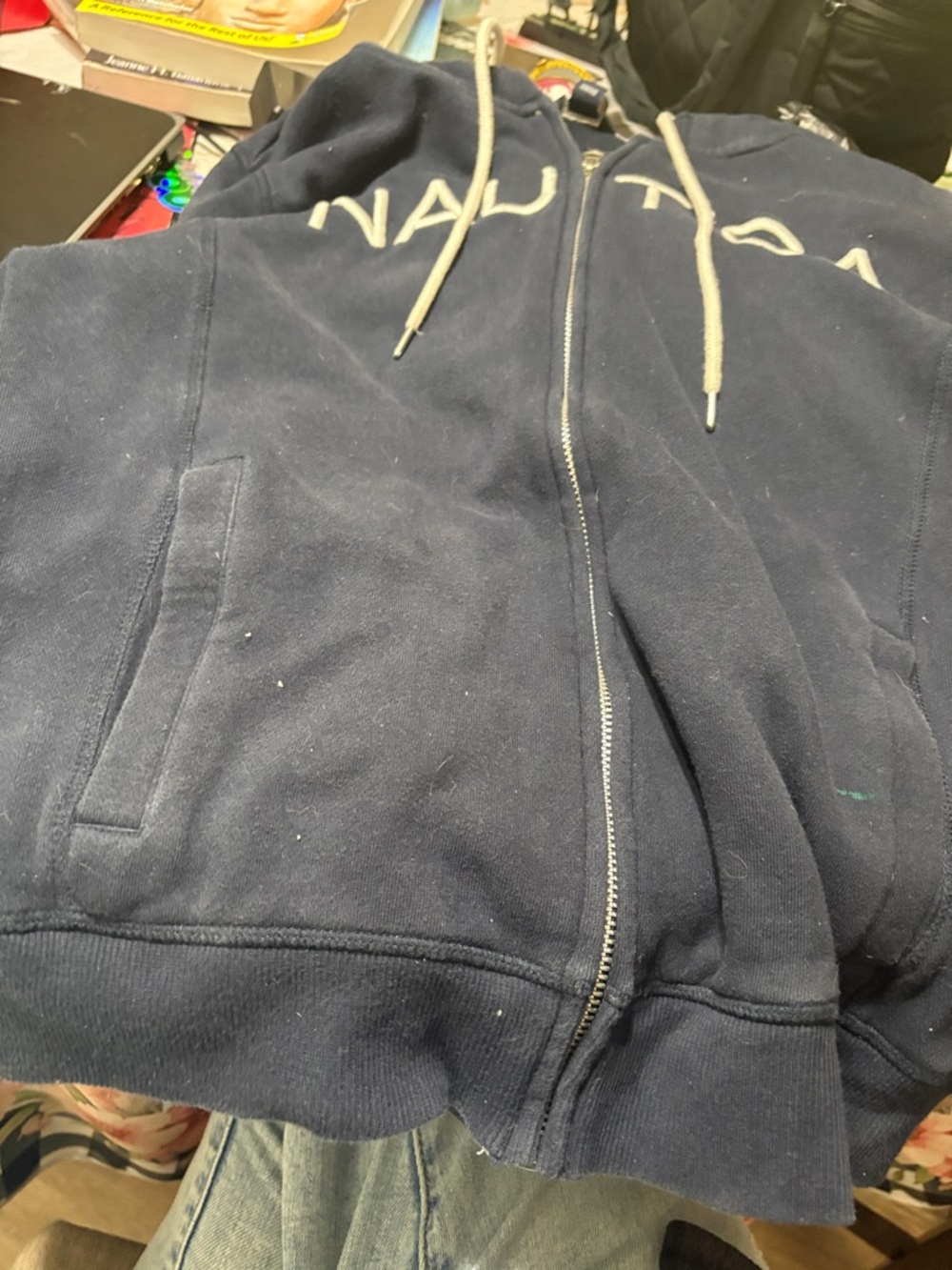 Nautica Navy Blue Zip-Up Hoodie with Cream Drawstrings